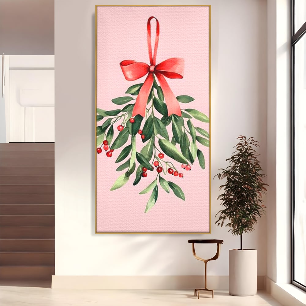 Tablou canvas cu ilustratie digitala cu creanga de vasc agatata de o funda rosie, in rama de aluminiu auriu